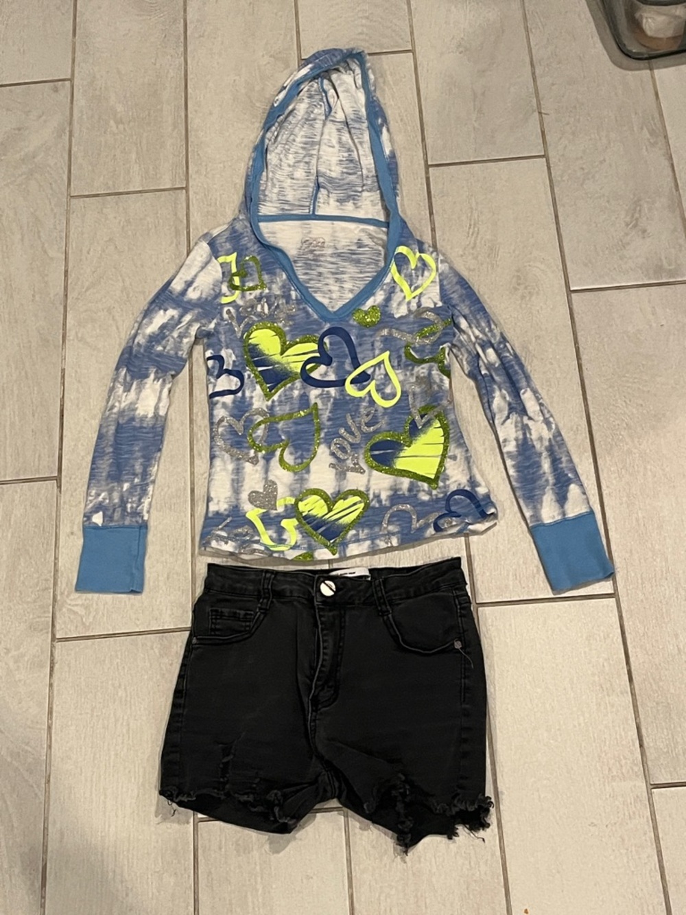 Girls Blue Hooded Long-Sleeve Top with Neon Heart Accents